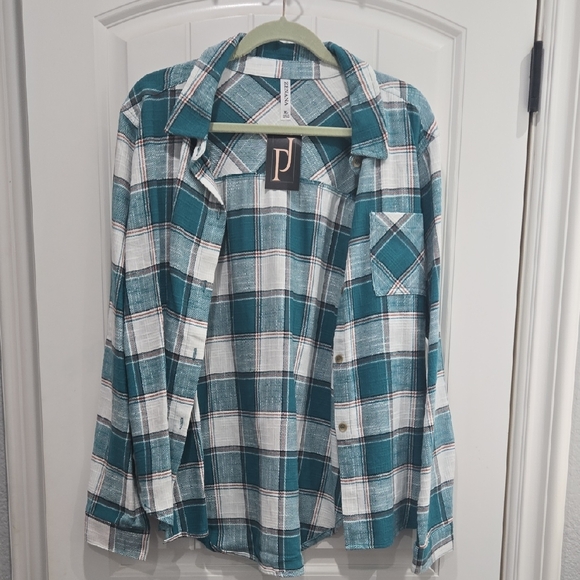 Zenana Tops - Zenana Teal and White Plaid Button-Up Shirt